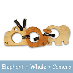 Wooden Teething Toys for Babies – Elephant + Whale + Camera