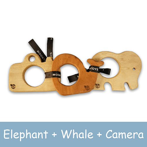 Wooden Teething Toys for Babies - Camera+ Whale + Elephant