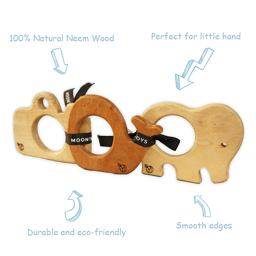 Wooden Teething Toys for Babies - Camera+ Whale + Elephant with key fractures