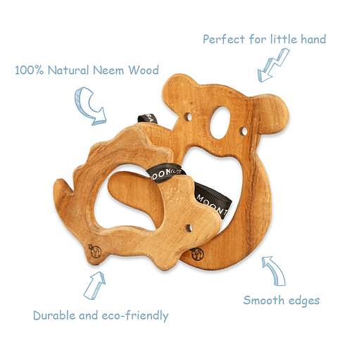 wooden teether Toys - turtle and koala with info