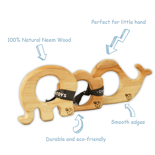 Wooden teething toys - Camera + Whale + Elephant with key fractures