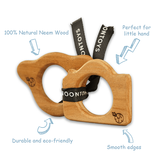Neem Wood Teether Toys - bunny and camera with Key Features