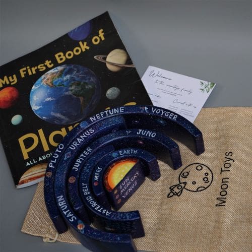 Colorful Wooden Solar System Stacker Toy with Book