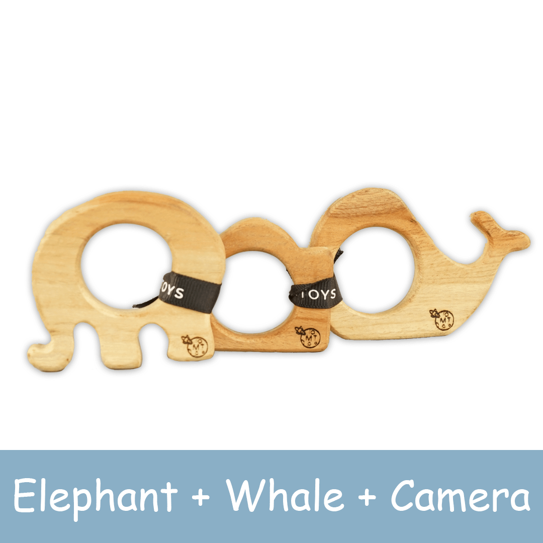Wooden teething toys - Camera + Whale + Elephant