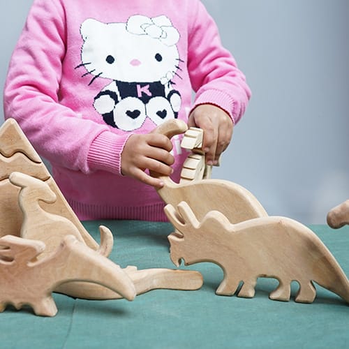 Girl Playing With Wooden Dinosaur Toys