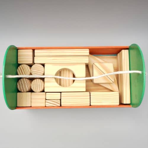 wooden block toy in storage box